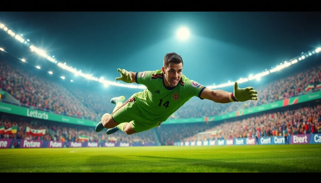 บานผลบอล นักฟุตบอลในการเซฟประตูในสนามกีฬาเต็มไปด้วยแฟนบอล