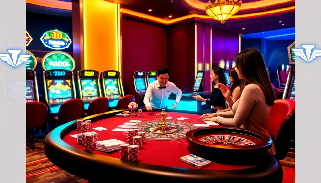 Experience the thrill of RR88 with vibrant casino tables, poker chips, and an engaging roulette wheel.