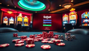 sbobet login interface on a luxurious casino table with vibrant poker chips and slot machines