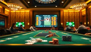 Players enjoying situs bola online with poker chips and live football betting screens in a luxurious casino setting.