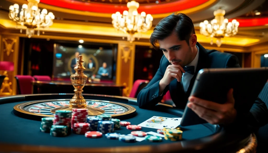 Expérience engageante des joueurs dans un casino en ligne argent réel avec des jetons de poker et une aura de roulette.