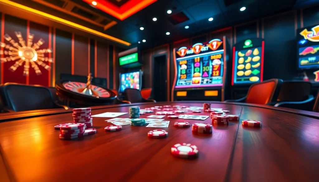 La scène vibrante du casino en ligne argent réel avec une table de poker, des jetons colorés et une roue de roulette.