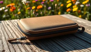 Die Handytasche Magnetverschluss in elegantem Design und praktischem Einsatz auf einem Tisch.