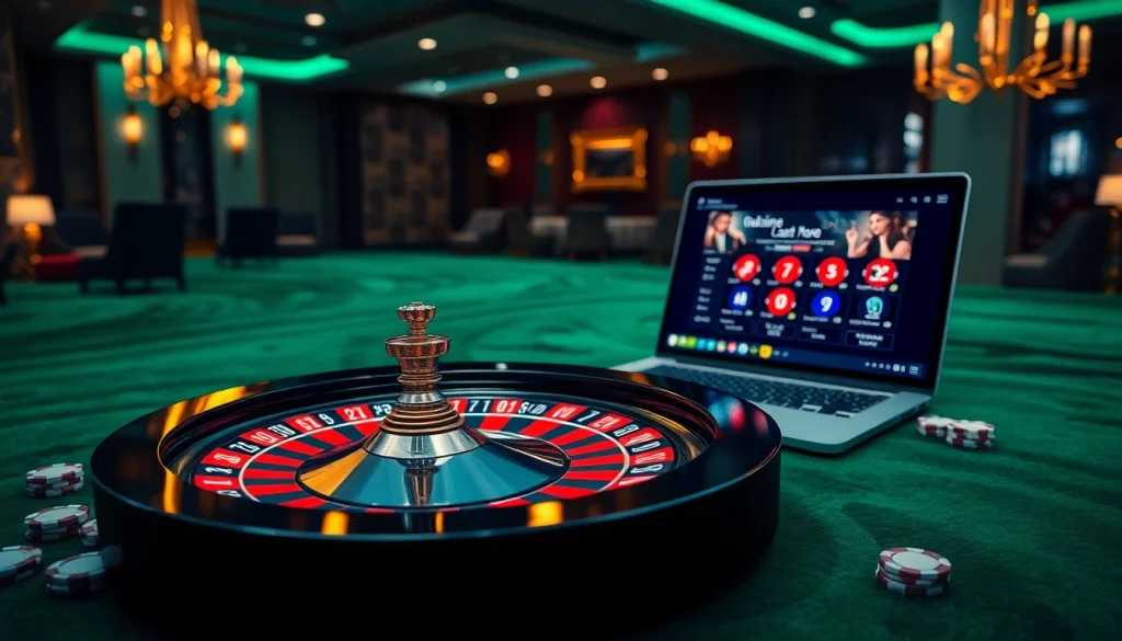 Scène engageante de jeux d'argent en direct en ligne mettant en avant le casino en ligne argent réel avec des éléments de roulette et de poker.
