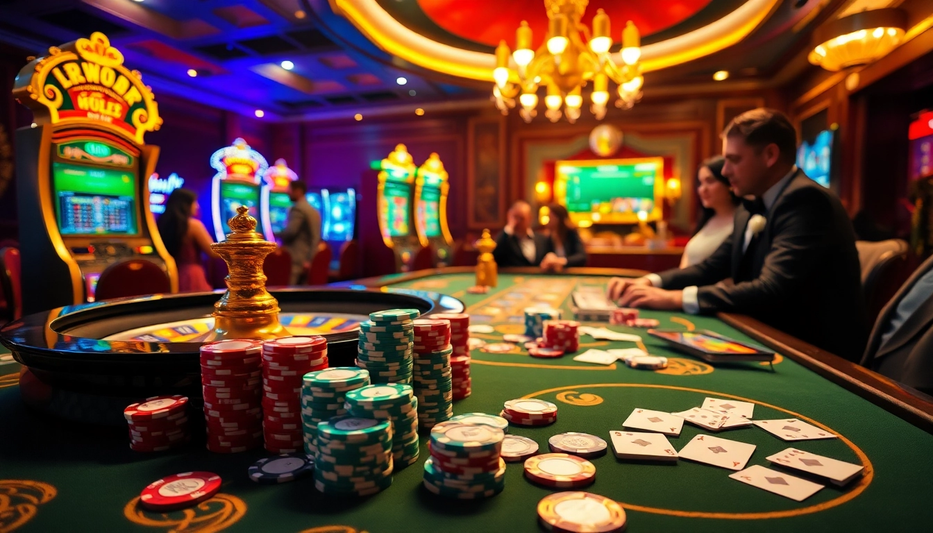 Une scène animée de casino en ligne argent réel mettant en avant des jetons de poker et des joueurs dans une atmosphère élégante.