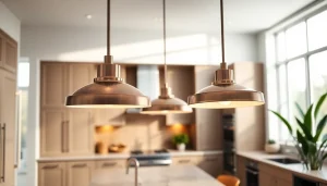Stylish island light fixtures illuminating a modern kitchen environment.