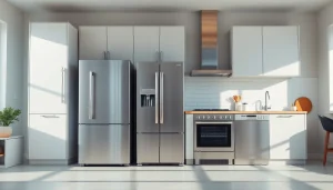 Showcase home appliances in a modern kitchen, emphasizing stainless steel and natural lighting.