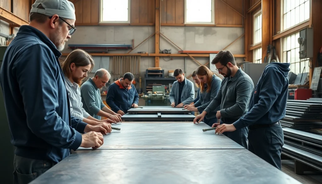 Engaged students participating in sheet metal training workshop with hands-on guidance.