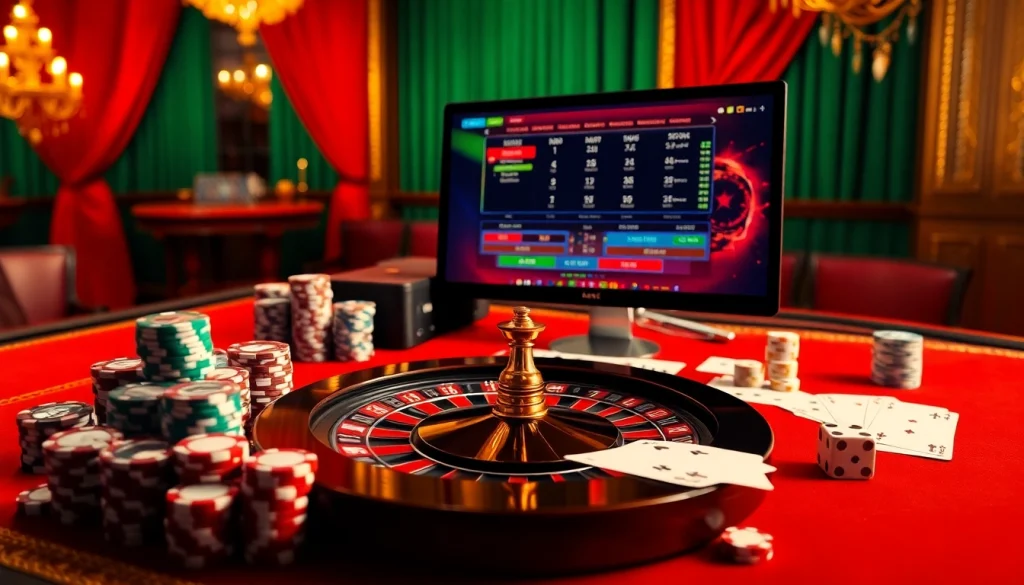 Découvrez l'excitation du casino en ligne argent réel avec des jetons de poker et des roues de roulette dans un cadre luxueux.
