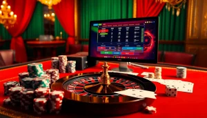 Découvrez l'excitation du casino en ligne argent réel avec des jetons de poker et des roues de roulette dans un cadre luxueux.