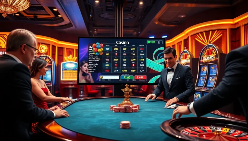 Une scène de jeu dynamique montrant l'excitation du casino en ligne argent réel avec des joueurs profitant du poker et de la roulette.
