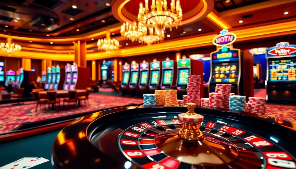 Une scène vibrante de casino en ligne argent réel mettant en vedette la roulette, des jetons de poker et des machines à sous illuminées.