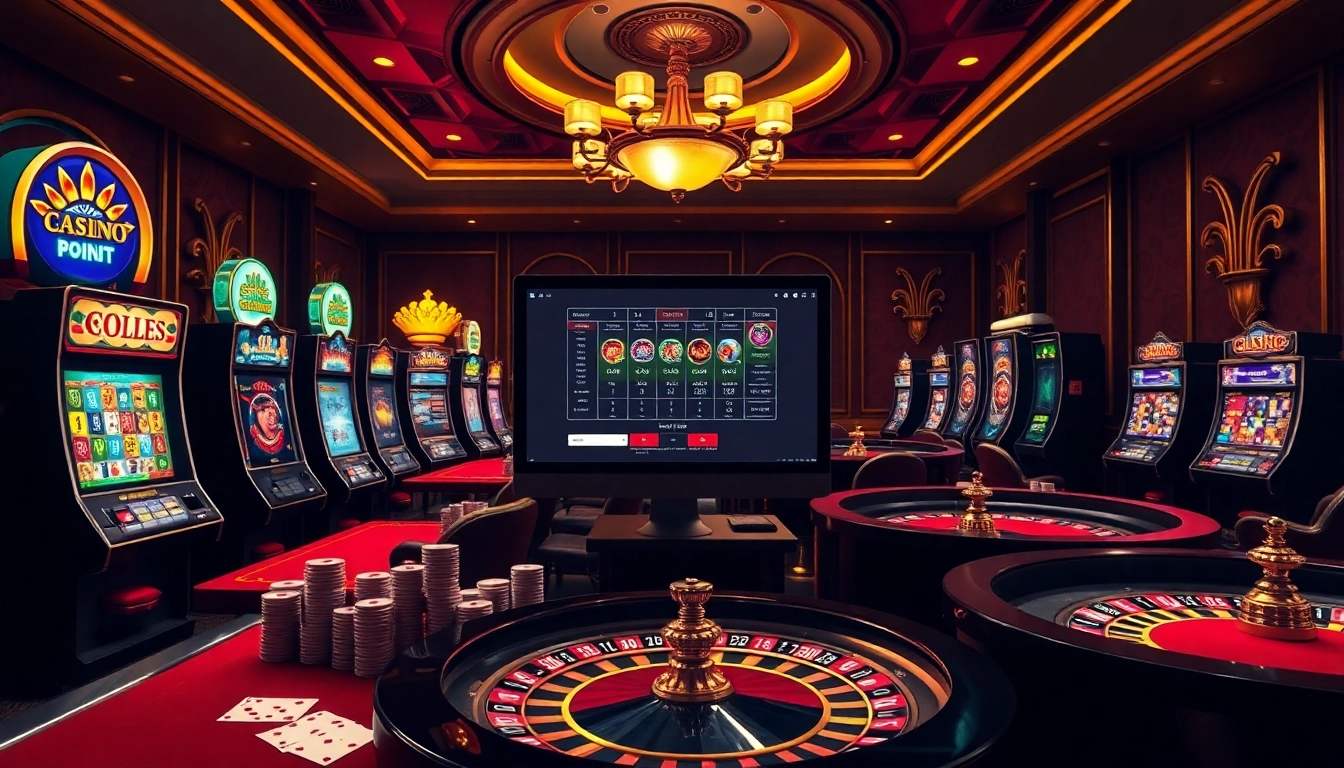 Scène de jeu passionnante présentant un casino en ligne argent réel avec des machines à sous vibrantes et des tables de poker.