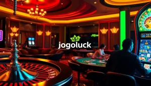 Experience the excitement of gaming at Jogoluck with vibrant casino tables and a luxurious roulette wheel.