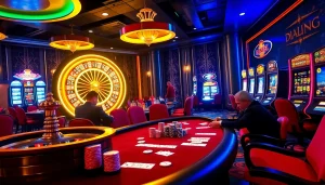 Des joueurs profitant des jeux de casino en ligne pour de l'argent réel comme le poker et la roulette à une table élégante.