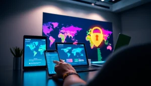 在多设备上显示的 Quick Connect VPN 界面，展示安全连接与全球服务器位置。