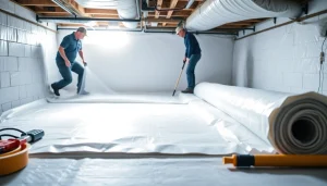 Vapor Barrier Installation showcasing workers laying durable plastic sheeting in crawl space.