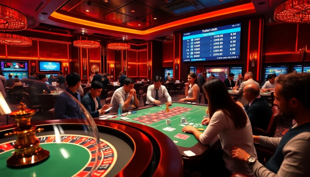 Excited gamblers at a luxury casino engaging in bandar mix parlay betting.