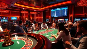 Excited gamblers at a luxury casino engaging in bandar mix parlay betting.