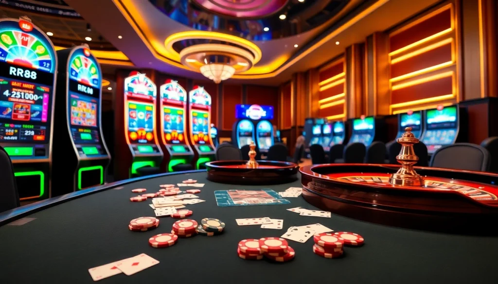 RR88 online gambling interface with vibrant slot machines and engaging players wearing excitement.