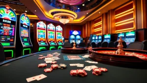 RR88 online gambling interface with vibrant slot machines and engaging players wearing excitement.