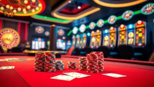 Jeu de poker captivant dans un casino en ligne argent réel avec des jetons vibrants et une roue de roulette.