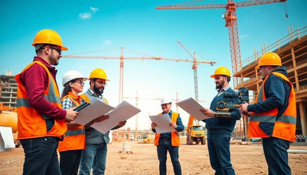 Construction assessment testing being performed by professionals at an active site with machinery.