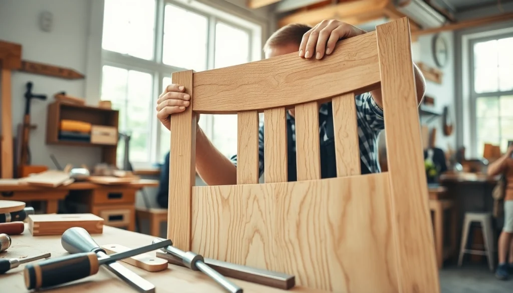 Carpenter crafting a wooden chair in a well-lit workshop with tools around.