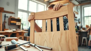 Carpenter crafting a wooden chair in a well-lit workshop with tools around.