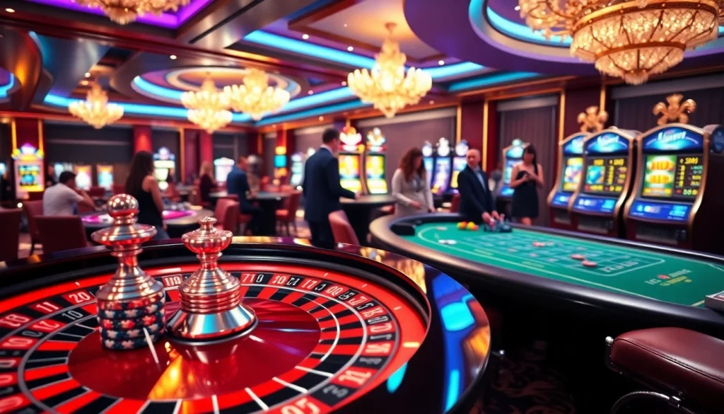 Scène excitante montrant un casino en ligne argent réel avec des joueurs aux tables de roulette et de blackjack.
