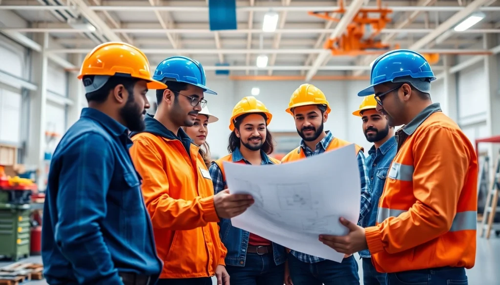 Participants engaging in construction training programs in a modern facility with blueprints and tools.