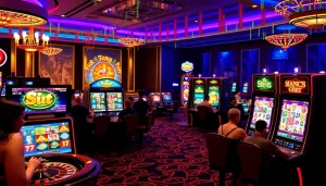 Players enjoying slot pragmatic machines in a vibrant casino atmosphere with colorful lights.