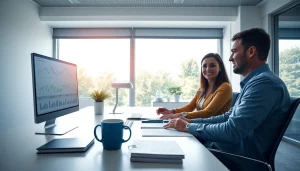 Nowoczesne biuro rachunkowe w Poznaniu, gdzie księgowy pomaga klientowi.