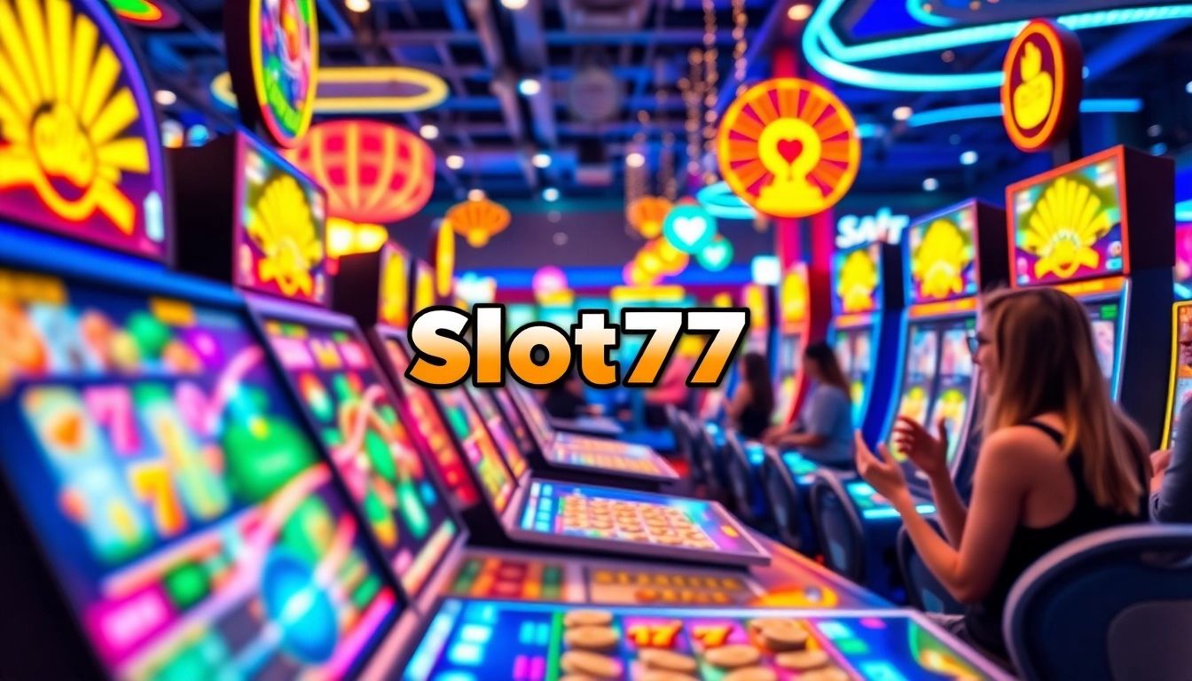 Mainkan Slot77 dengan grafis berwarna cerah dan simbol unik di latar belakang slot game.