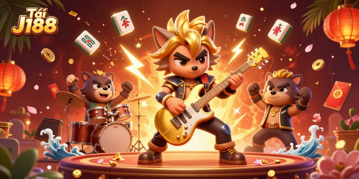 Tải J188 to enjoy thrilling games with a vibrant 3D casino scene featuring rock star characters and dynamic elements.