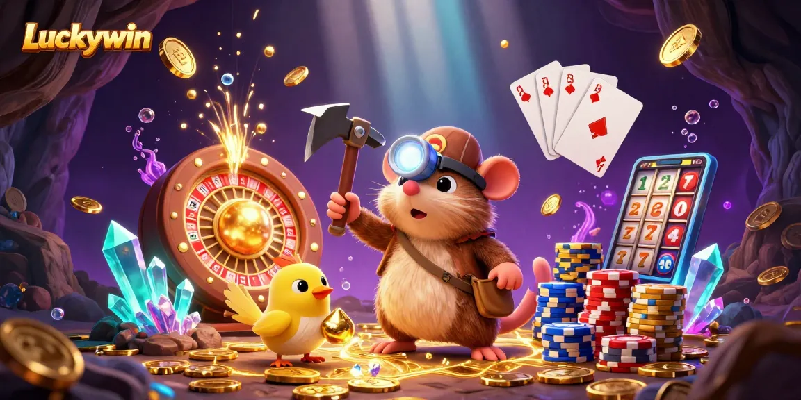 Experience thrilling wins at Luckywin with a treasure hunter mole and canary amidst sparkling gems and coins.