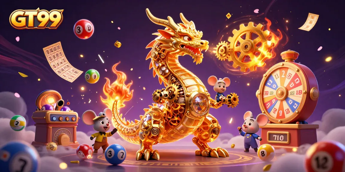 Win big with GT99 in a vibrant casino scene featuring a golden dragon and lively game elements.