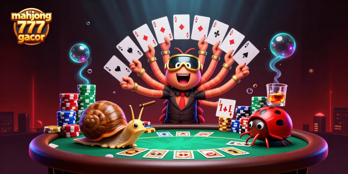 Engage with mahjong 777 gacor in an exciting casino scene featuring a 3D millipede dealer and vibrant poker elements.