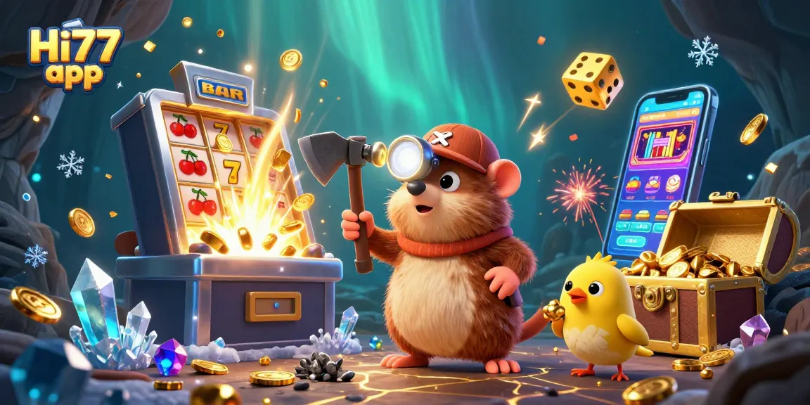 Engage with the Hi77 app through an exciting 3D casino scene featuring treasure hunting and jackpots.