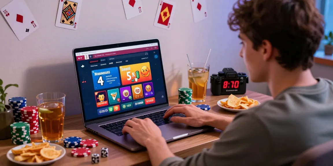 Player enjoying a credit card casino experience in a lively home setting with vibrant casino decor and engaging game interface.