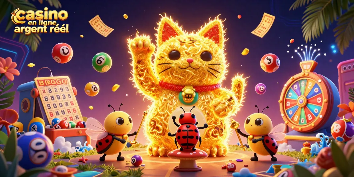 Jouer au casino en ligne argent réel avec un chat porte-bonheur gold et des symboles de casino joyeux.