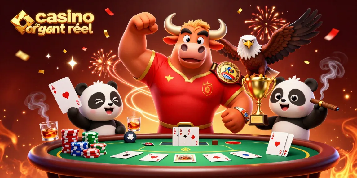 Jouer sur un casino en ligne argent réel avec une mascotte de taureau et des cartes au poker.