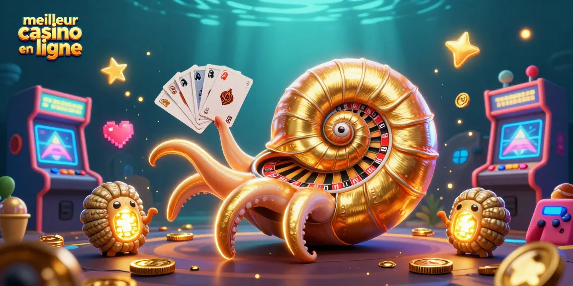 Découvrez le meilleur casino en ligne avec le nautilus géant et des éléments de jeu colorés en 3D.