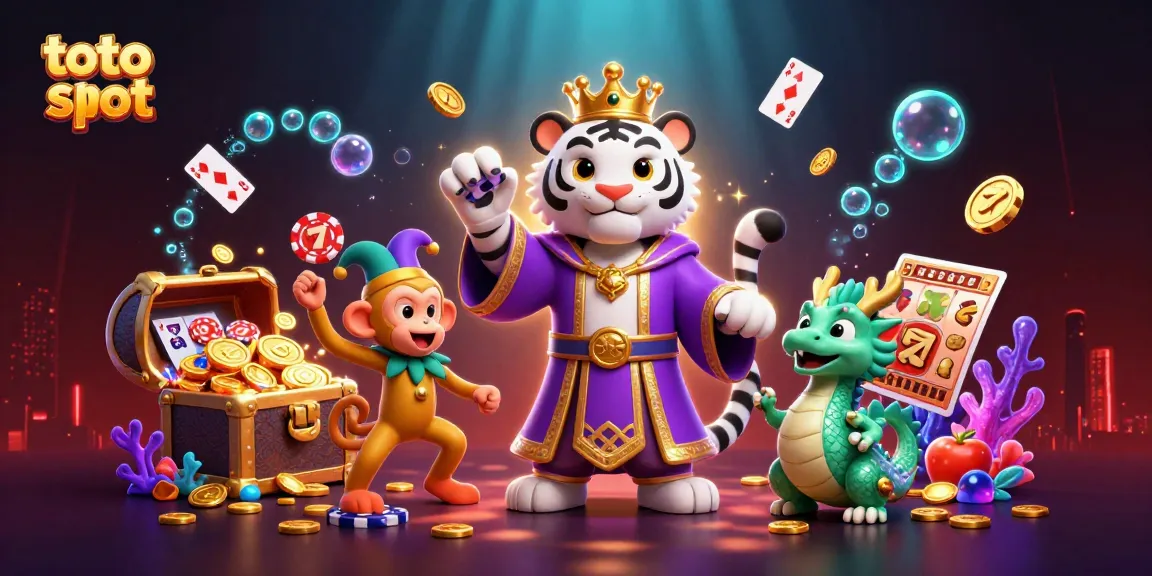 Engage in thrilling toto slot action with vibrant characters and dynamic casino elements.