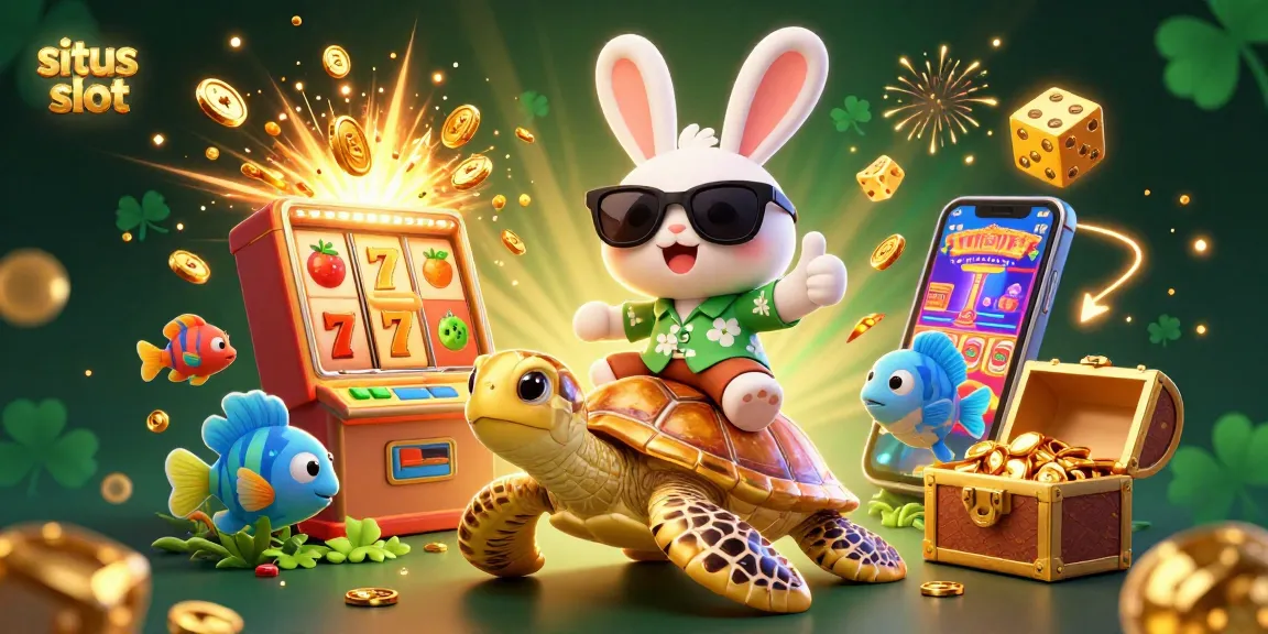Experience thrilling gameplay with this vibrant situs slot illustration featuring a lucky rabbit and golden turtle.