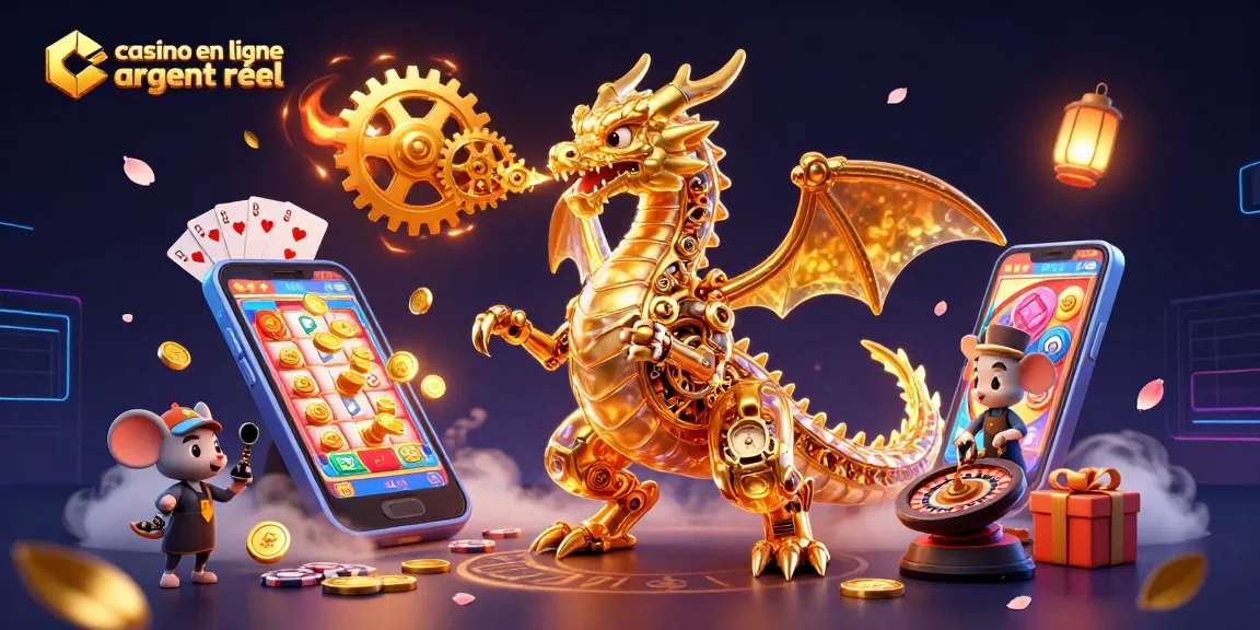 Jouez dans un casino en ligne argent réel avec un dragon mécanique et un ingénieur souris, entouré de jeux.