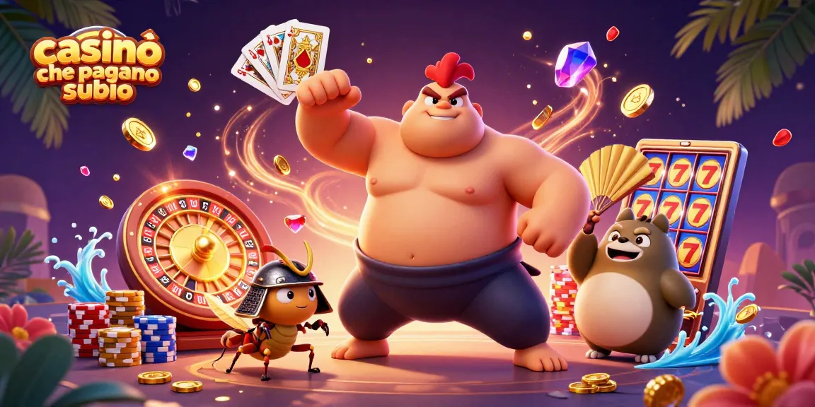 Casinò che pagano subito con vincite immediate, 3D illustrato con elementi di gioco e personaggi coinvolti.