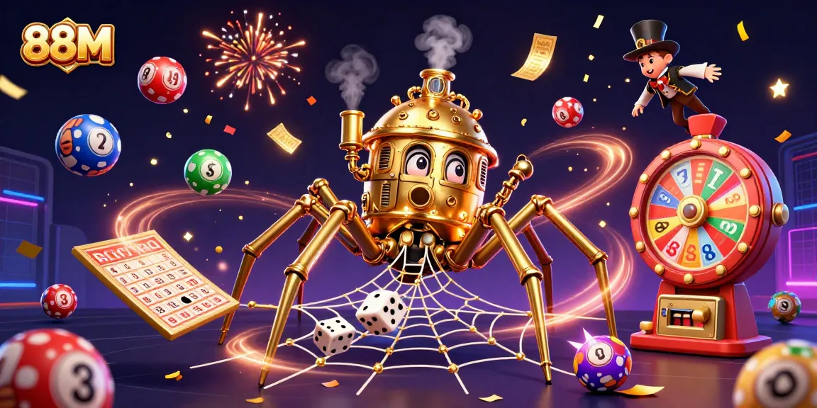 88M's gambling adventure envisioned with a steampunk spider and exciting lottery elements.