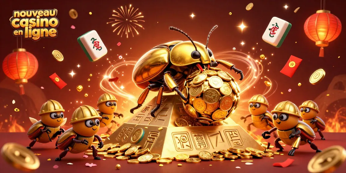 Découvrez le nouveau casino en ligne avec une illustration 3D dynamique comprenant des scarabées dorés et des pièces de monnaie.