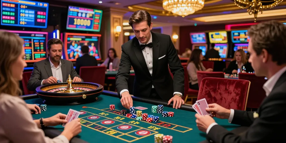 Exciting gaming scene of rokok88 rtp with dealer and players in a luxurious casino.
